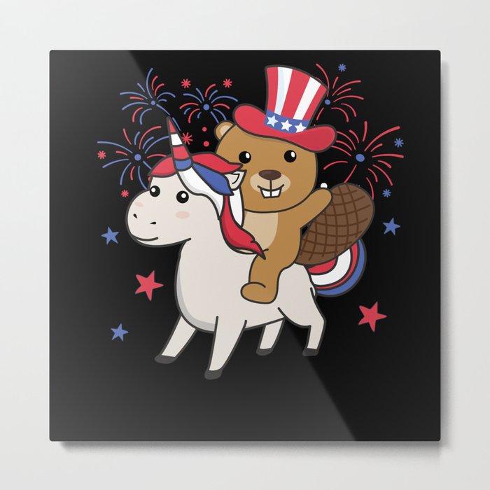 Beaver With Unicorn For Fourth Of July Fireworks Metal Print