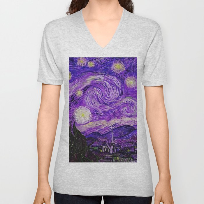 The Starry Night - La Nuit étoilée oil-on-canvas post-impressionist landscape masterpiece painting in alternate purple by Vincent van Gogh V Neck T Shirt