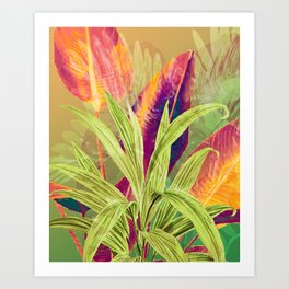 Wild Exotic Flower Leaves Strelizia - green orange Art Print