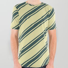 [ Thumbnail: Pale Goldenrod & Dark Slate Gray Colored Lined Pattern All Over Graphic Tee ]