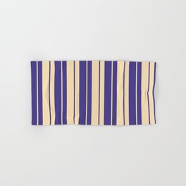 [ Thumbnail: Dark Slate Blue & Tan Colored Lines/Stripes Pattern Hand & Bath Towel ]