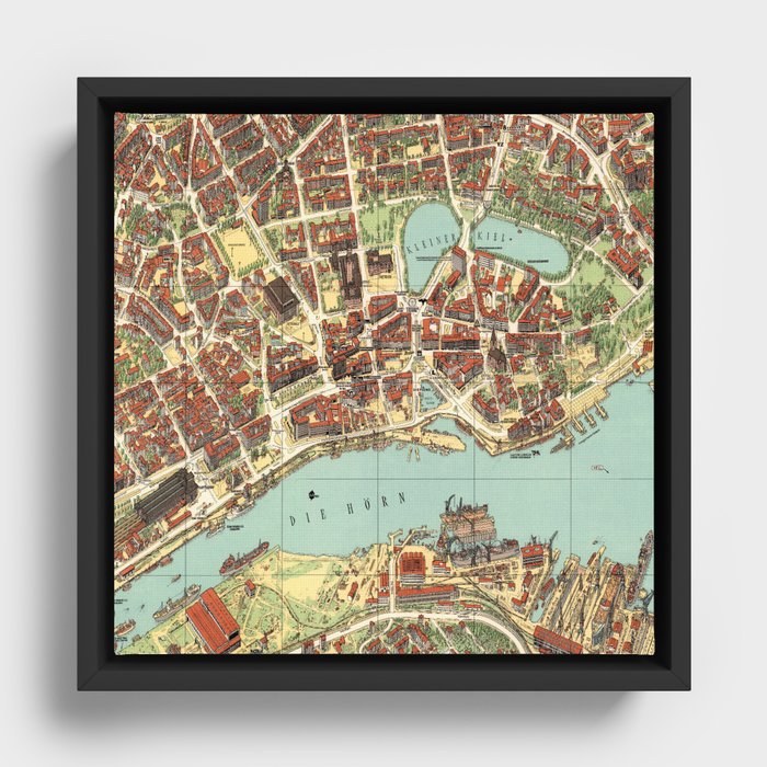 Vintage Map of Kiel, Germany Framed Canvas