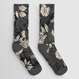 Skulls and Flowers Gothic Floral Black Beige Vintage Socks