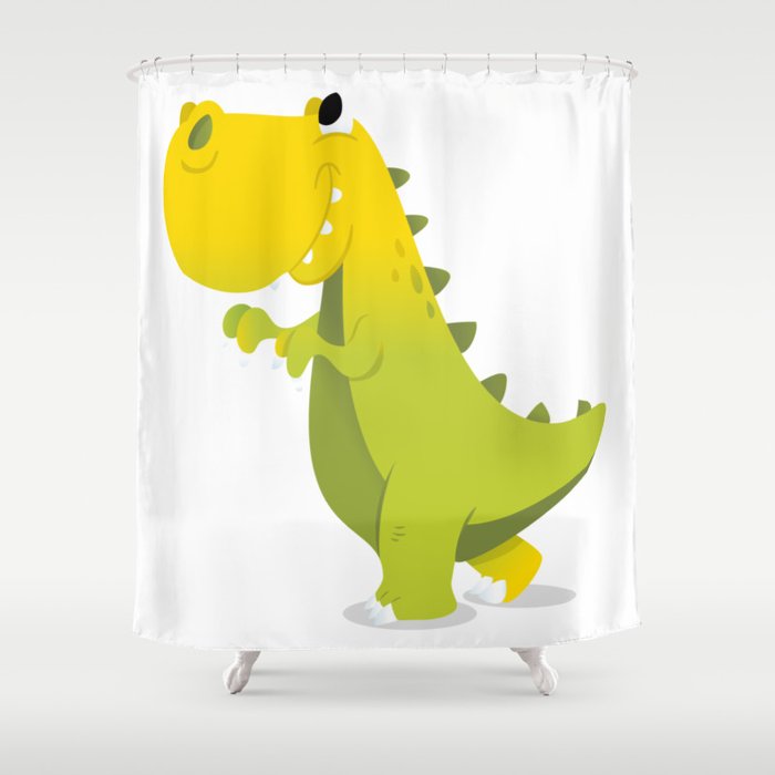 Happy Cartoon Green T Rex Dinosaur, Dinosaur Shower Curtain