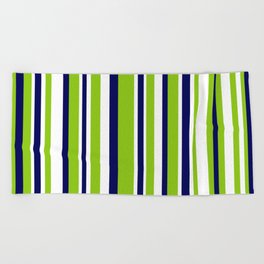 Lime Green Bright Navy Blue and White Vertical Stripes Pattern Beach Towel