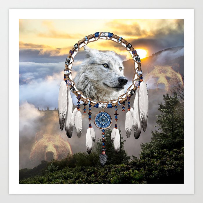 Wolf, Bear and Dream Catcher Art Print