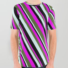 [ Thumbnail: Fuchsia, Dark Olive Green, Light Cyan & Black Colored Lined Pattern All Over Graphic Tee ]