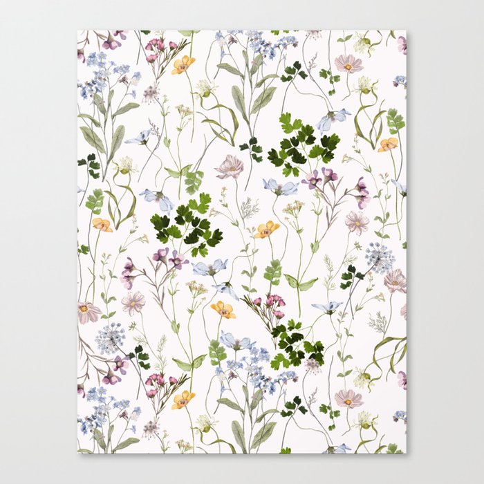 Hand Painted Watercolor Springflowers And Herbs Meadow  Canvas Print