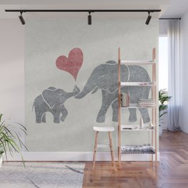 Elephant Hugs with Heart in Muted Gray and Red Wall Mural