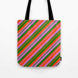 [ Thumbnail: Orchid, Green & Red Colored Stripes/Lines Pattern Tote Bag ]
