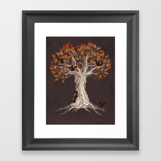 Little Visitors - Autumn tree illustration with squirrels Framed Art Print