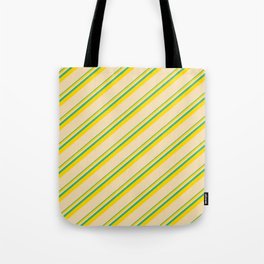 [ Thumbnail: Sea Green, Yellow & Tan Colored Lines/Stripes Pattern Tote Bag ]