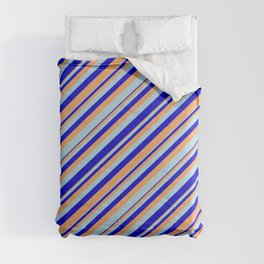 [ Thumbnail: Brown, Light Blue, and Blue Colored Lines Pattern Comforter ]