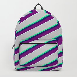 [ Thumbnail: Vibrant Light Gray, Green, Midnight Blue, Purple & Light Cyan Colored Striped/Lined Pattern Backpack ]
