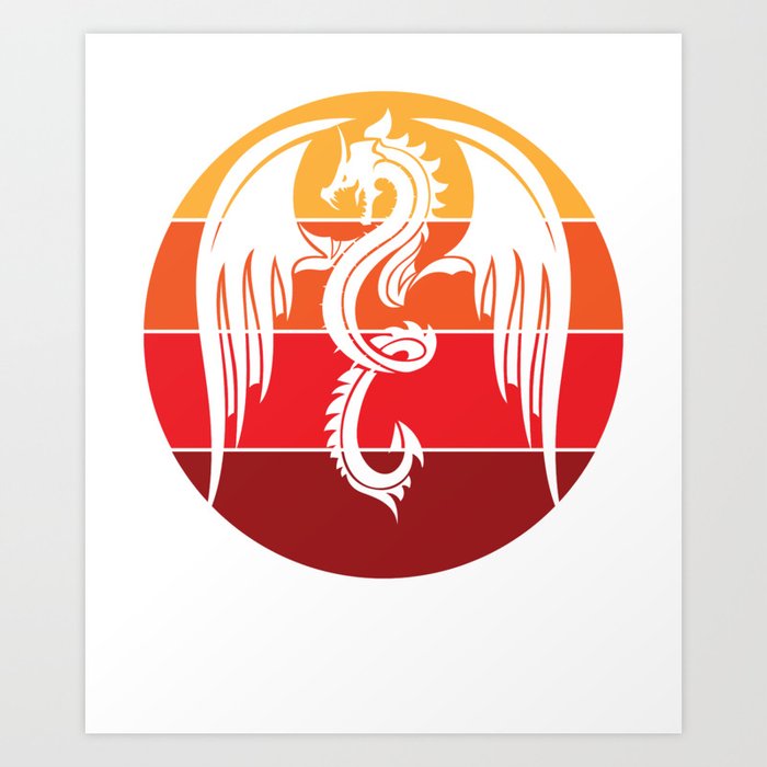 Angry Medieval Dragon And Retro Vintage Sunset Design Art Print By
