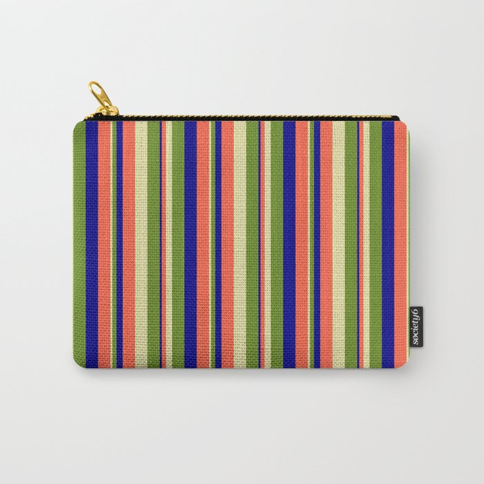 Pale Goldenrod, Green, Dark Blue & Red Colored Stripes/Lines Pattern Carry-All Pouch