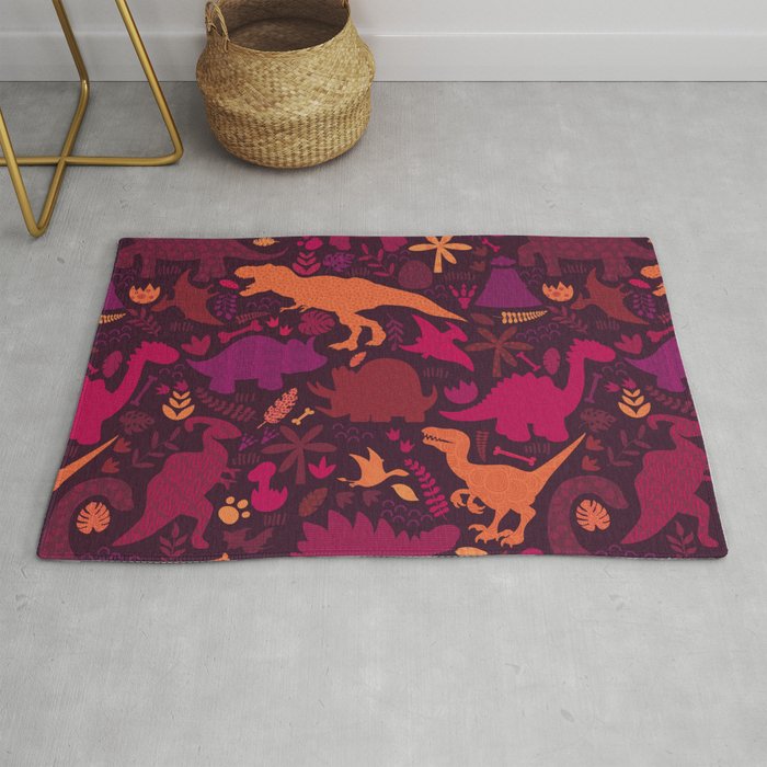 Dino Silhouette Doodle Pattern Red Rug