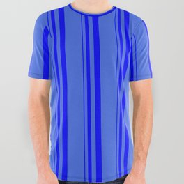 [ Thumbnail: Blue and Royal Blue Colored Stripes Pattern All Over Graphic Tee ]