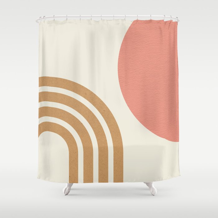 Mid Century Modern Pink Sun Rainbow, Terracotta Linen Shower Curtain