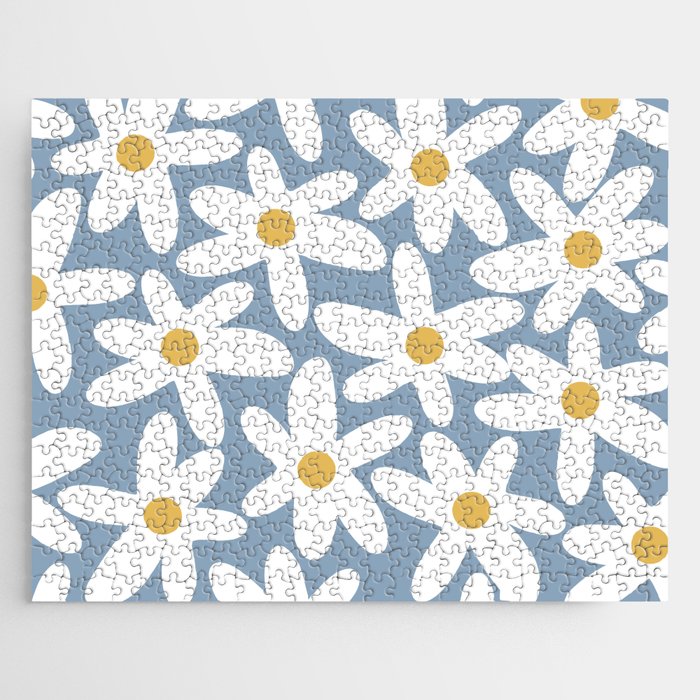 Daisy Time Retro Floral Pattern in Light Blue, White, and Mustard Jigsaw Puzzle