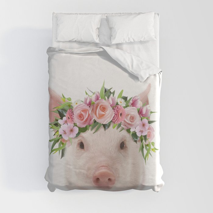 Baby Pig with Flower Crown, Baby Girl, Pink Nursery, Baby Animals Art Print by Synplus Duvet Cover