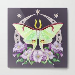 Nighttime Luna Moth with Datura Flowers - Indigo Version Metal Print