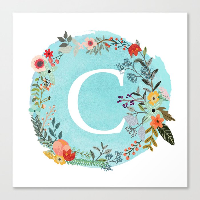 Personalized Monogram Initial Letter C Blue Watercolor Flower Wreath ...