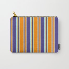 [ Thumbnail: Dark Slate Blue, Tan, Dark Orange & Turquoise Colored Stripes Pattern Carry-All Pouch ]