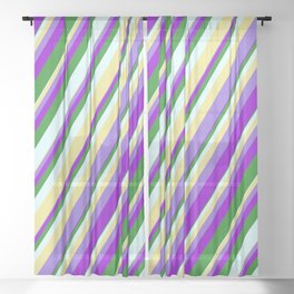 [ Thumbnail: Vibrant Tan, Purple, Dark Violet, Forest Green & Light Cyan Colored Stripes Pattern Sheer Curtain ]