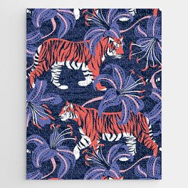 Tigers in a tiger lily garden // textured navy blue background coral wild animals very peri flowers Jigsaw Puzzle