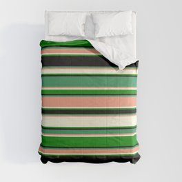 [ Thumbnail: Eye-catching Sea Green, Dark Salmon, Beige, Green, and Black Colored Lined Pattern Comforter ]