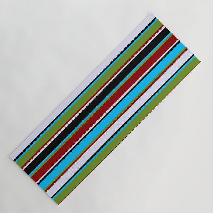 Eyecatching Deep Sky Blue, Green, Dark Red, Lavender, and Black Colored Lines/Stripes Pattern Yoga Mat
