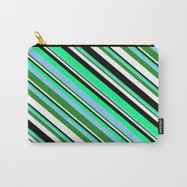 [ Thumbnail: Eyecatching Green, Light Sky Blue, Forest Green, White, and Black Colored Lines Pattern Carry-All Pouch ]