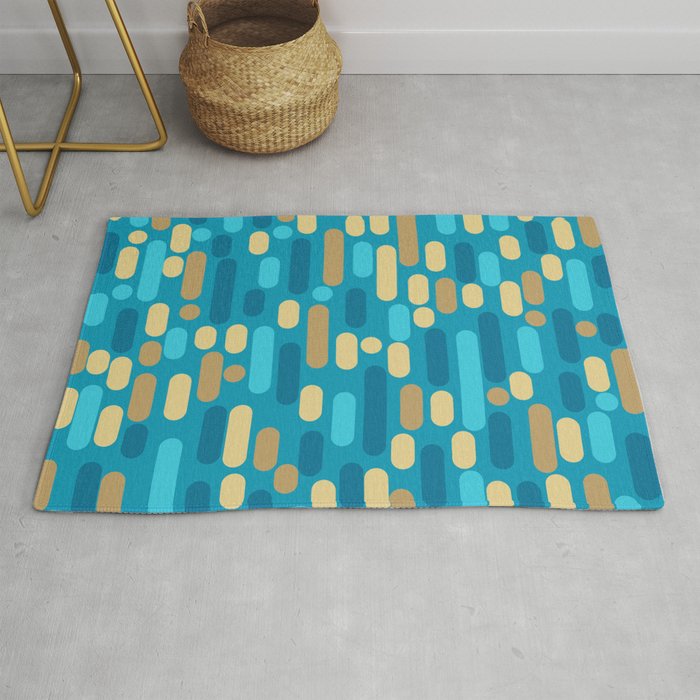 Morningside Heights Mid Century Modern Pattern in Peacock Blue and Gold Rug by Kierkegaard