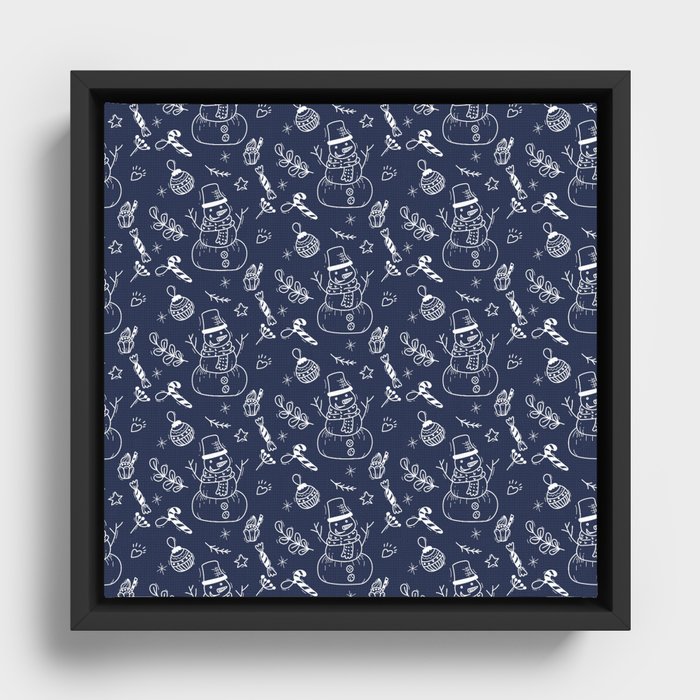 Navy Blue and White Christmas Snowman Doodle Pattern Framed Canvas
