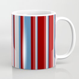 [ Thumbnail: Blue, Light Gray, Red, and Maroon Colored Pattern of Stripes Coffee Mug ]
