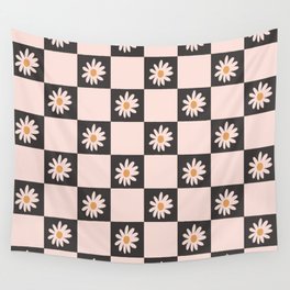 Vintage Blush & Black Floral Checkered Pattern Wall Tapestry