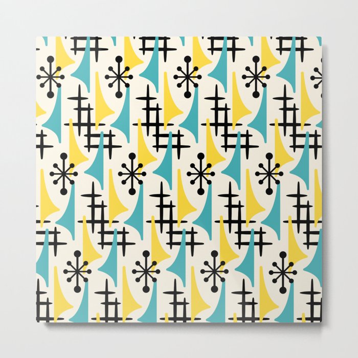 Mid Century Modern Atomic Wing Composition Turquoise & Yellow Metal Print