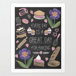Every Day Is A Great Day For Baking Art Print | Julia, Donut, Floral, Vintage, Gift, Typographybake, Chalkboard, Drawing, Words, Childs 
