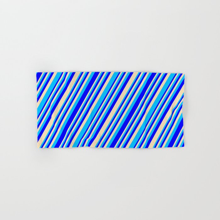 Blue, Tan, and Deep Sky Blue Colored Lined/Striped Pattern Hand & Bath Towel