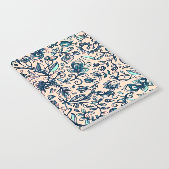 Teal Garden - floral doodle pattern in cream & navy blue Notebook