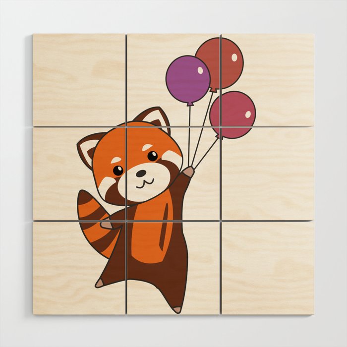 Red Panda Flies Balloons Cute Animals For Kids Wood Wall Art