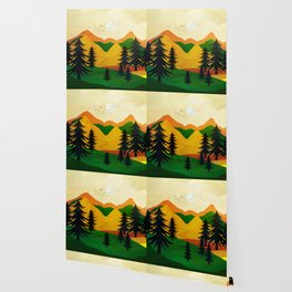 Pine trees under the mountain peaks Wallpaper