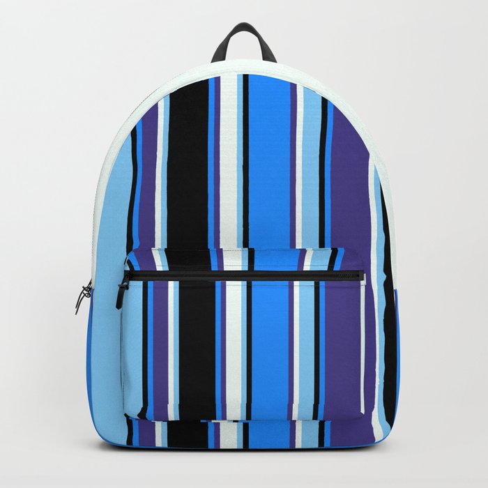 Vibrant Light Sky Blue, Mint Cream, Dark Slate Blue, Blue & Black Colored Lines Pattern Backpack