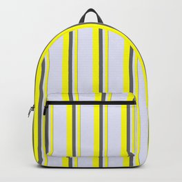 [ Thumbnail: Dim Grey, Yellow & Lavender Colored Striped Pattern Backpack ]