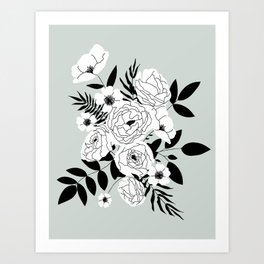 Floral Bouquet Illustration || Hand drawn flowers || Black, white, blue Art Print