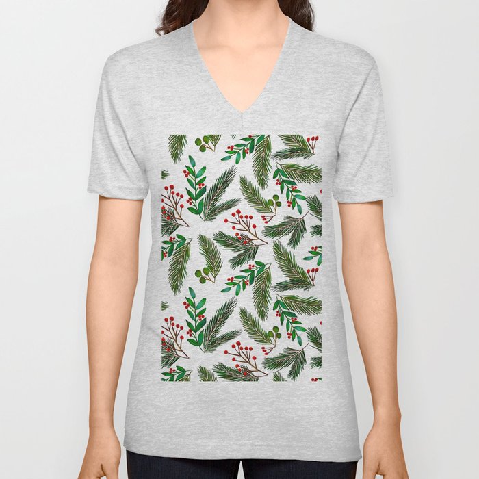 Christmas tree branches and berries pattern V Neck T Shirt