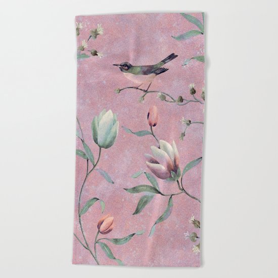 Bird on spring flowers Beach Towel