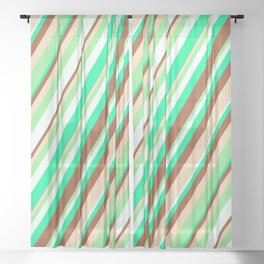 [ Thumbnail: Eye-catching Green, Sienna, Tan, Light Green, and Mint Cream Colored Striped/Lined Pattern Sheer Curtain ]
