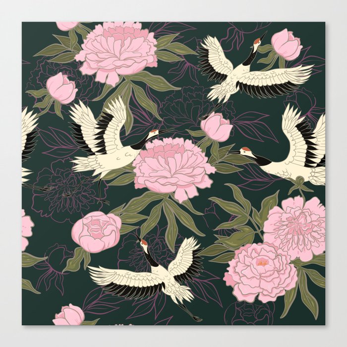 Peonies and Cranes Canvas Print